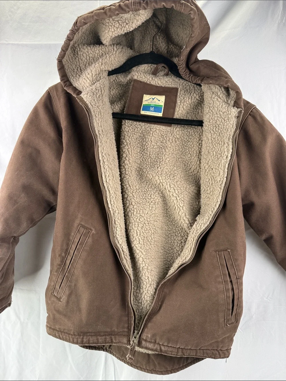 Blue Mountain Kid’s Size Medium 10-12 Brown Hooded Sherpa-Lined 3 Pocket Jacket